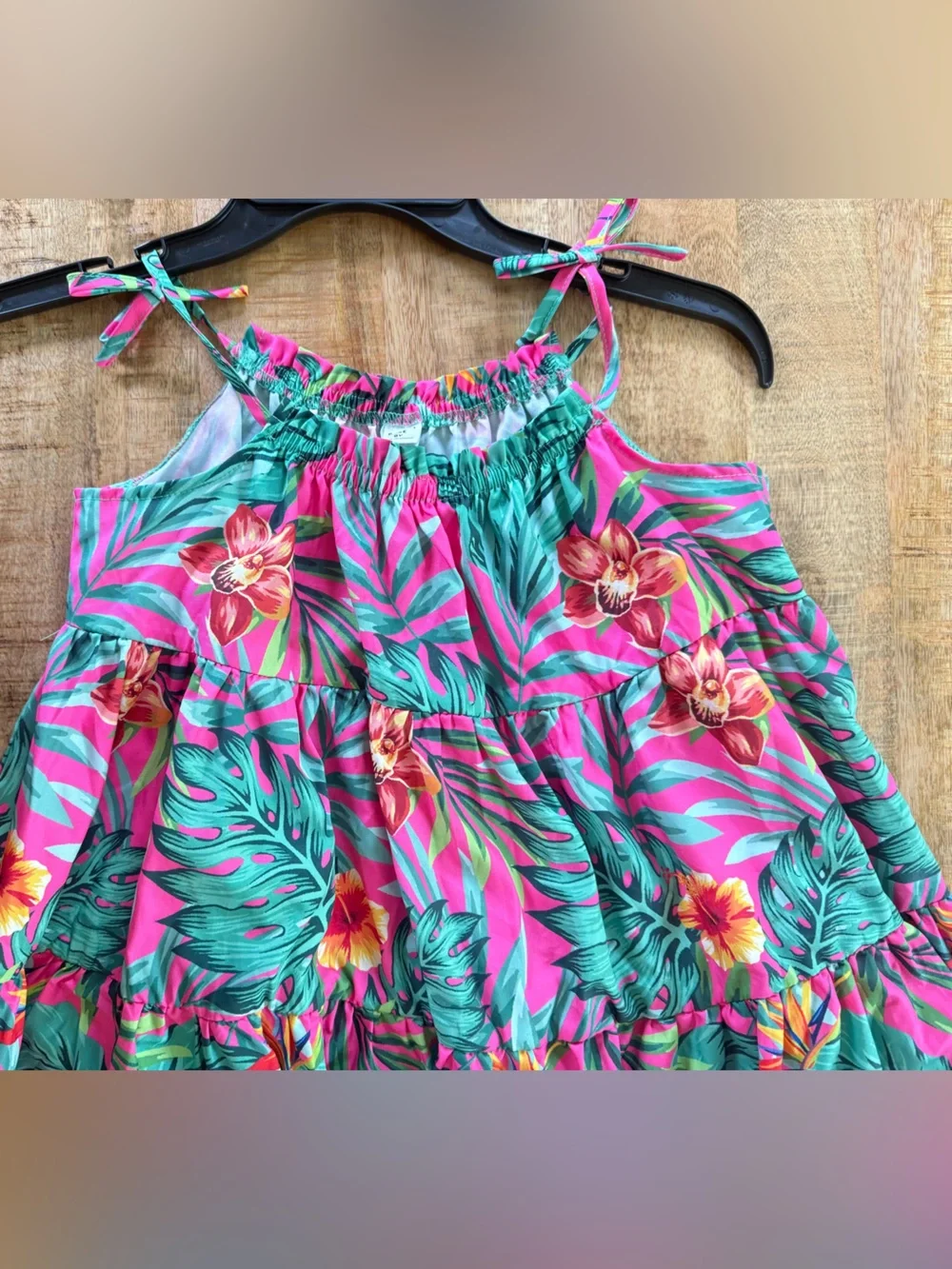 SHEIN Girls Size 8Y Tropical Floral Tiered Sundress Pink Green Tie Strap